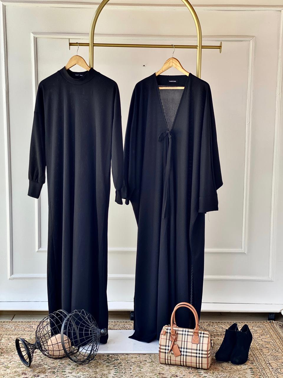 Black Ribbed Twin Set – Abaya & Cardigan