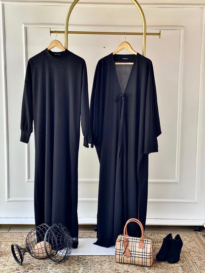 Black Ribbed Twin Set – Abaya & Cardigan