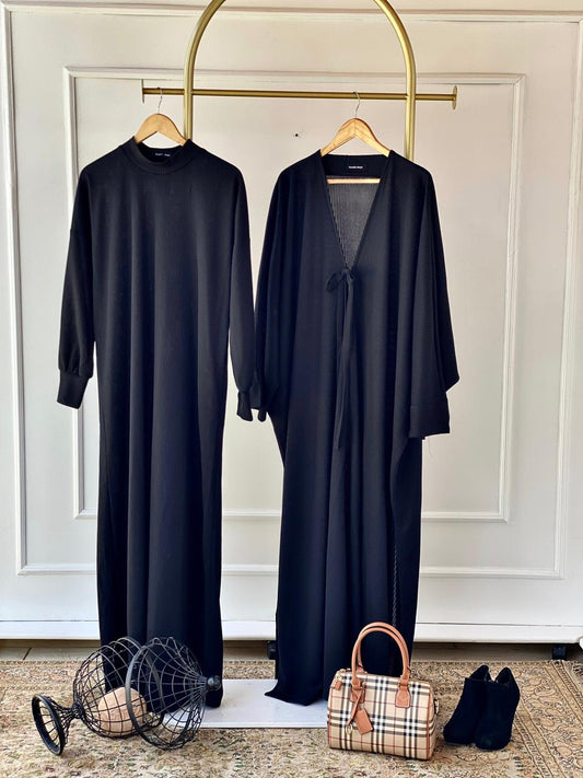 Black Ribbed Twin Set – Abaya & Cardigan