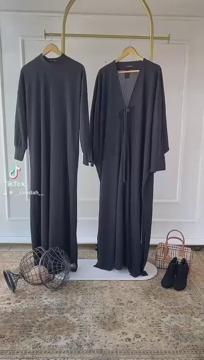 Black Ribbed Twin Set – Abaya & Cardigan